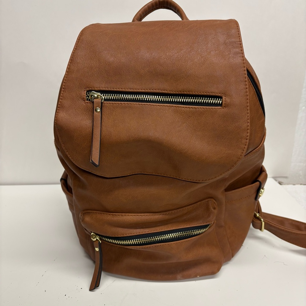 Madden Girl Brown Faux Leather Backpack with Gold Zippers